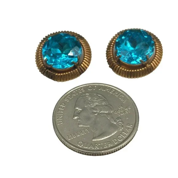 Glamorous Vintage Earrings, Foil Backed Bright Blue Crystal in Copper Frames